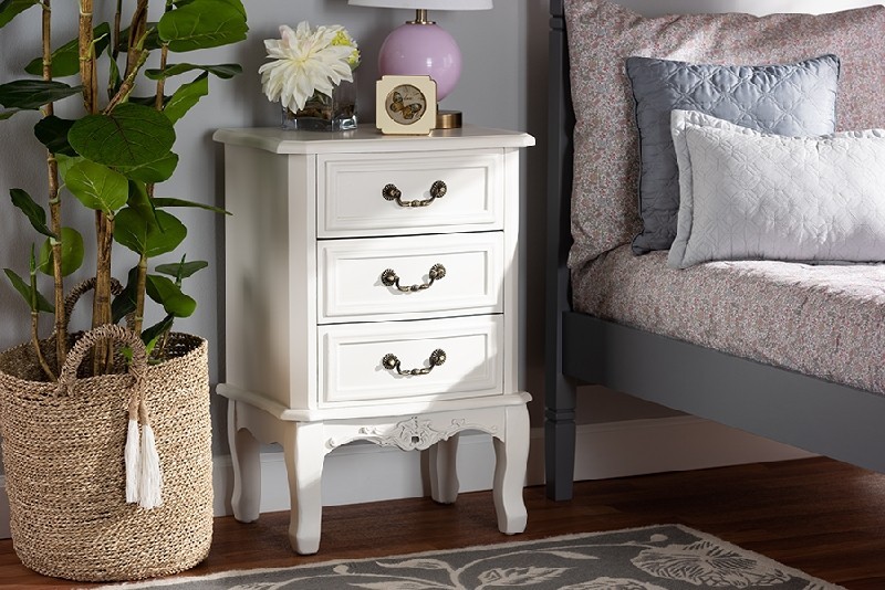 BAXTON STUDIO ETASW-04-WHITE-NS GABRIELLE 18 7/8 INCH TRADITIONAL FRENCH COUNTRY PROVINCIAL THREE DRAWER WOOD NIGHTSTAND - WHITE