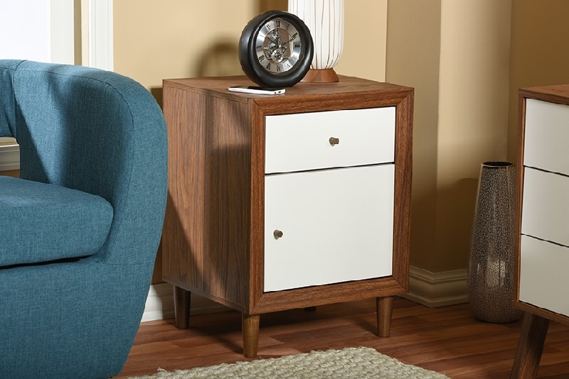 BAXTON STUDIO FP-6783-WALNUT/WHITE-NS HARLOW 17 1/2 INCH MID-CENTURY MODERN SCANDINAVIAN STYLE WOOD NIGHTSTAND WITH ONE DRAWER AND ONE DOOR - WHITE AND WALNUT