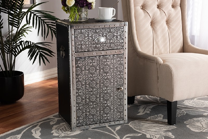 BAXTON STUDIO HY2AB017-GREY-CABINET COSETTE 16 1/8 INCH VINTAGE INDUSTRIAL METAL FLORAL ACCENT CABINET - SILVER