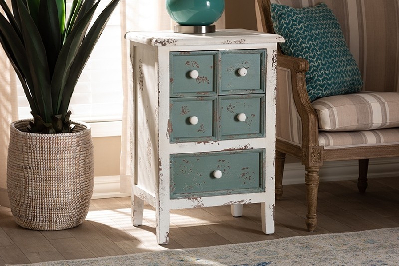 BAXTON STUDIO HY2AB040-WHITE-CABINET ANGELINE 18 7/8 INCH ANTIQUE FRENCH COUNTRY COTTAGE DISTRESSED WOOD FIVE DRAWER STORAGE CABINET - WHITE AND TEAL
