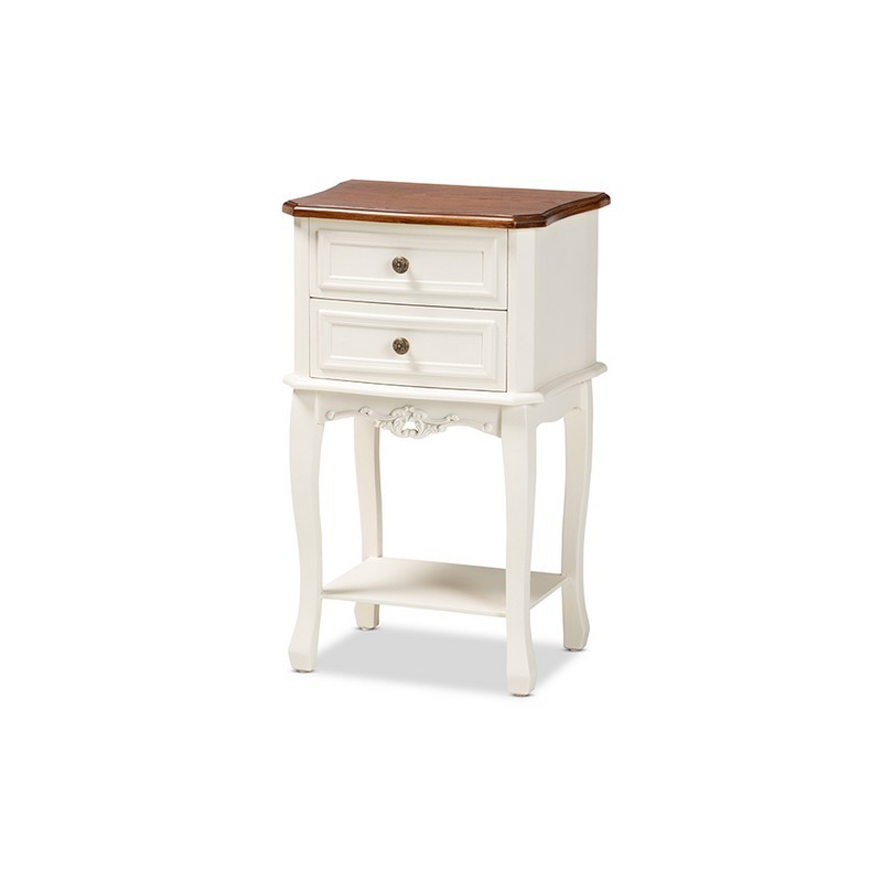BAXTON STUDIO JY-132041-2DW ET DARLA 19 1/4 INCH CLASSIC AND TRADITIONAL FRENCH WHITE AND CHERRY BROWN FINISHED WOOD 2-DRAWER END TABLE
