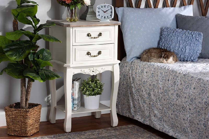 BAXTON STUDIO JY17B088-WHITE-ET AMALIE 18 7/8 INCH ANTIQUE FRENCH COUNTRY COTTAGE TWO-TONE WHITE AND OAK FINISHED 2-DRAWER WOOD END TABLE