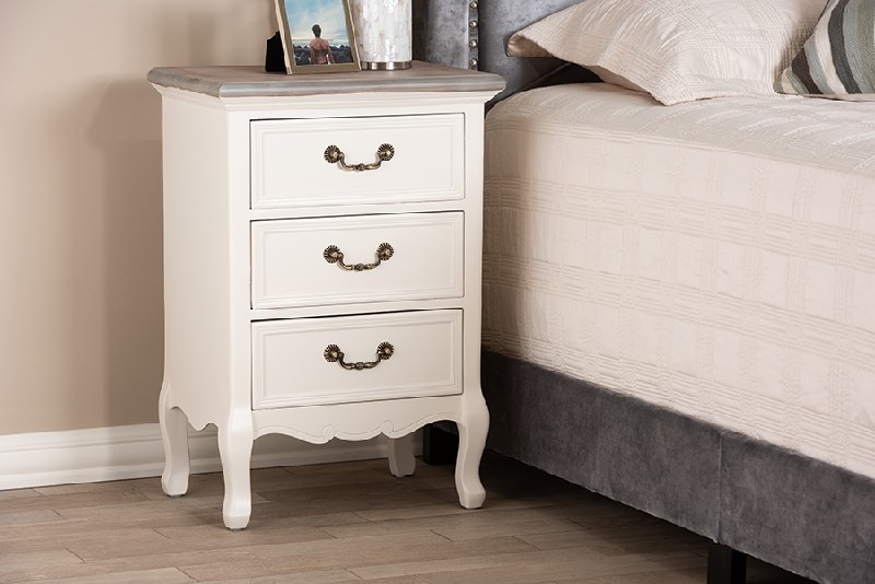 BAXTON STUDIO JY17B092-WHITE-NS CAPUCINE 18 7/8 INCH ANTIQUE FRENCH COUNTRY COTTAGE TWO TONE WOOD THREE DRAWER NIGHTSTAND - NATURAL WHITEWASHED OAK AND WHITE