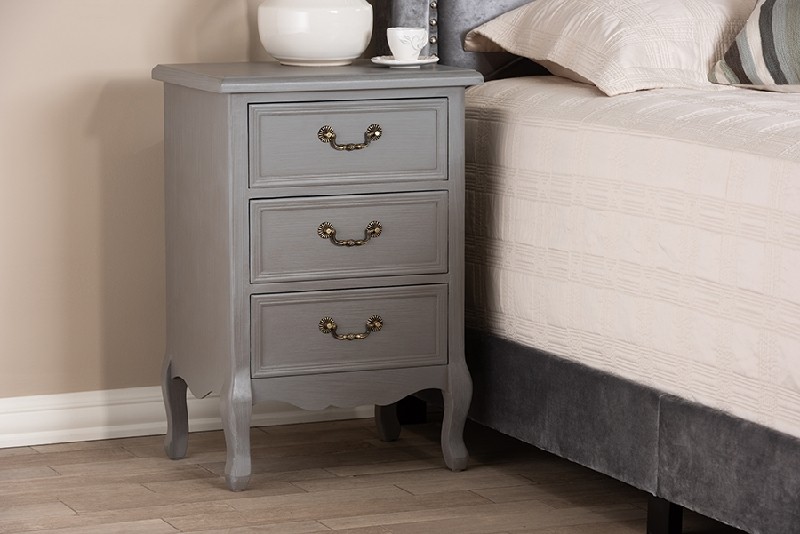 BAXTON STUDIO JY18A028-GREY-ET CAPUCINE 18 7/8 INCH ANTIQUE FRENCH COUNTRY COTTAGE GREY FINISHED WOOD 3-DRAWER END TABLE