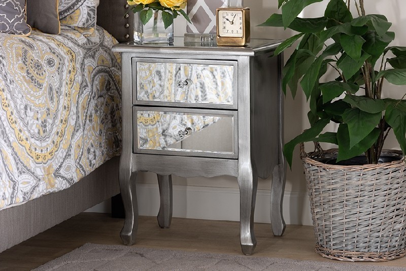 BAXTON STUDIO JY18A035-SILVER-ET LEONIE 18 1/4 INCH MODERN TRANSITIONAL FRENCH BRUSHED SILVER FINISHED WOOD AND MIRRORED GLASS 2-DRAWER END TABLE