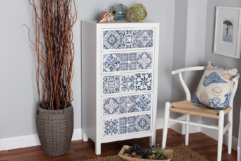 BAXTON STUDIO JY215-WHITE-5DW-CABINET ALMA 22 1/2 INCH SPANISH MEDITERRANEAN INSPIRED WOOD AND FLORAL TILE STYLE FIVE DRAWER ACCENT STORAGE CABINET - WHITE AND BLUE