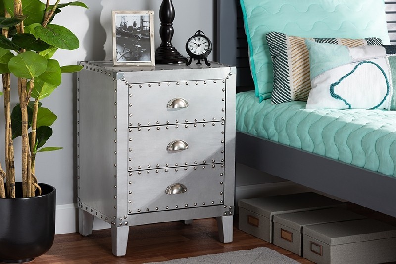 BAXTON STUDIO LD18B056-SILVER-ET CLAUDE 17 3/4 INCH FRENCH INDUSTRIAL SILVER METAL 3-DRAWER END TABLE