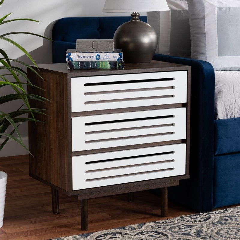 BAXTON STUDIO LV14COD14230WI-COLUMBIA/WHITE-3DW-NIGHTSTAND MEIKE 23 5/8 INCH MID-CENTURY MODERN TWO-TONE WOOD 3-DRAWER NIGHT STAND - WALNUT BROWN AND WHITE