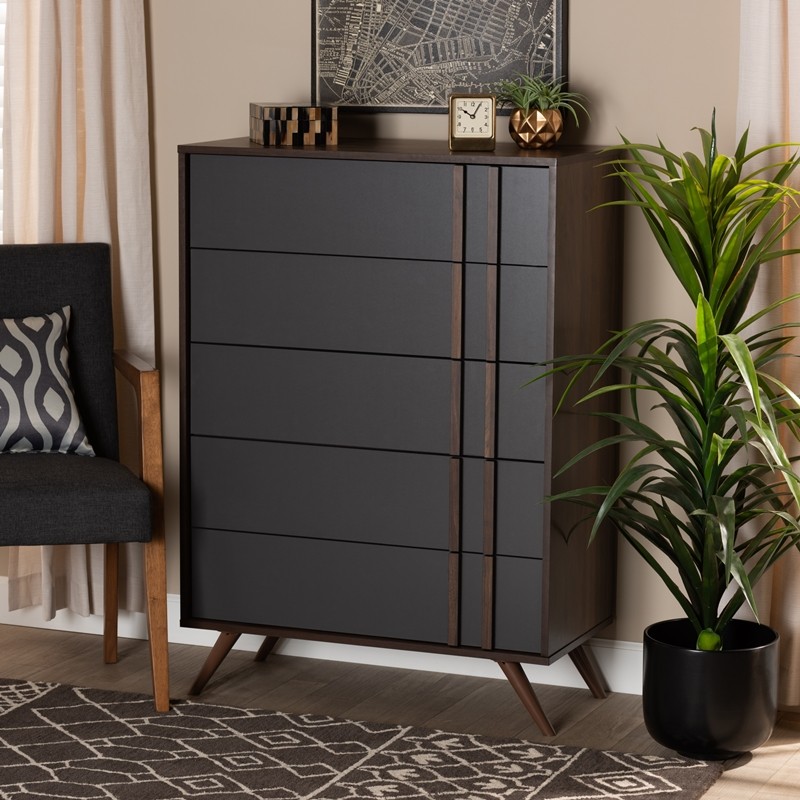 BAXTON STUDIO LV15COD15230-COLUMBIA/DARK GREY-5DW-CHEST NAOKI 31 1/2 INCH MODERN AND CONTEMPORARY TWO-TONE WOOD 5-DRAWER BEDROOM CHEST - GREY AND WALNUT