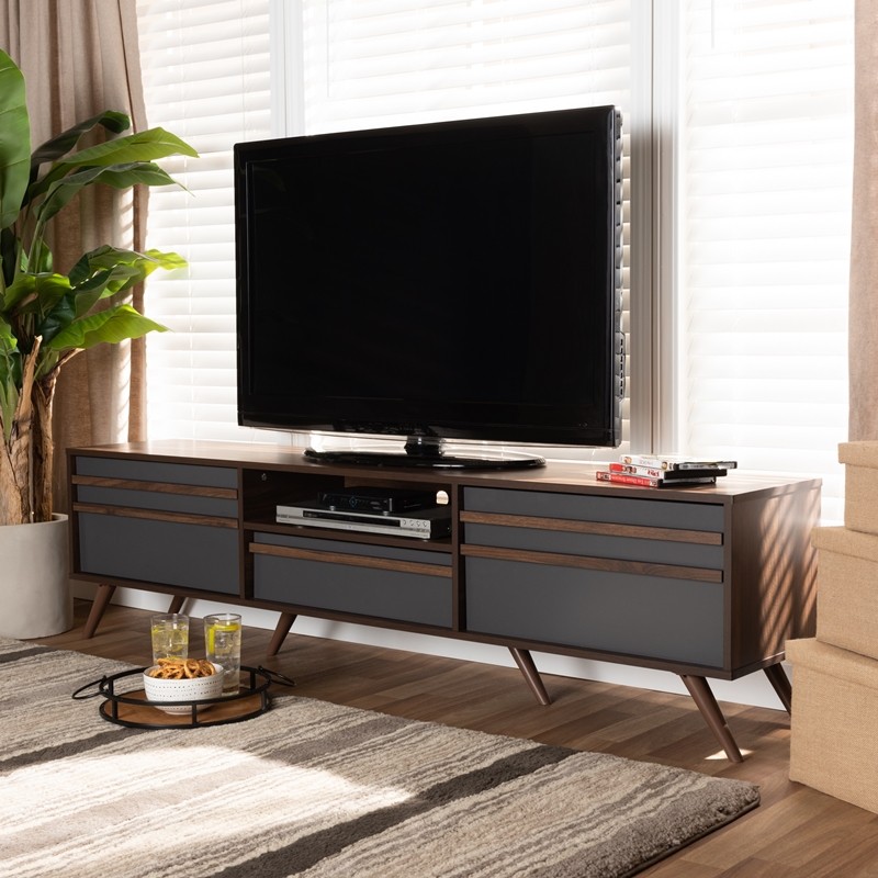 BAXTON STUDIO LV15TV15130-COLUMBIA/DARK GREY-TV NAOKI 70 7/8 INCH MODERN AND CONTEMPORARY TWO-TONE WOOD TV STAND WITH DROP-DOWN COMPARTMENTS - GREY AND WALNUT