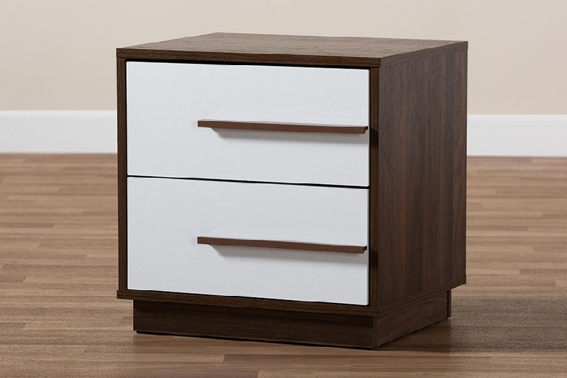 BAXTON STUDIO LV3ST3240WI-COLUMBIA/WHITE-NS METTE 18 7/8 INCH MID-CENTURY MODERN TWO-TONE TWO-DRAWER WOOD WITH NIGHTSTAND - WHITE AND WALNUT BROWN