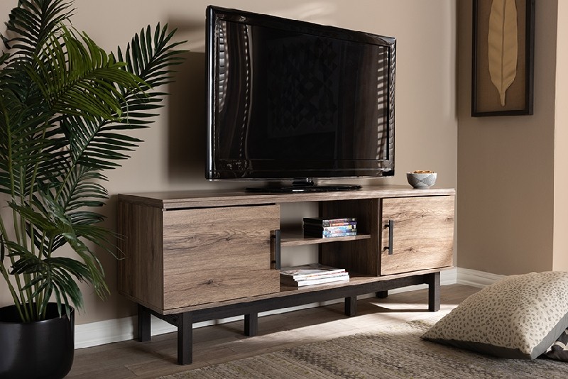 BAXTON STUDIO MH8233-SAFARI OAK/EBONY-TV AREND 59 5/8 INCH MODERN AND CONTEMPORARY TWO-TONE WOOD TWO DOOR TV STAND - OAK AND EBONY
