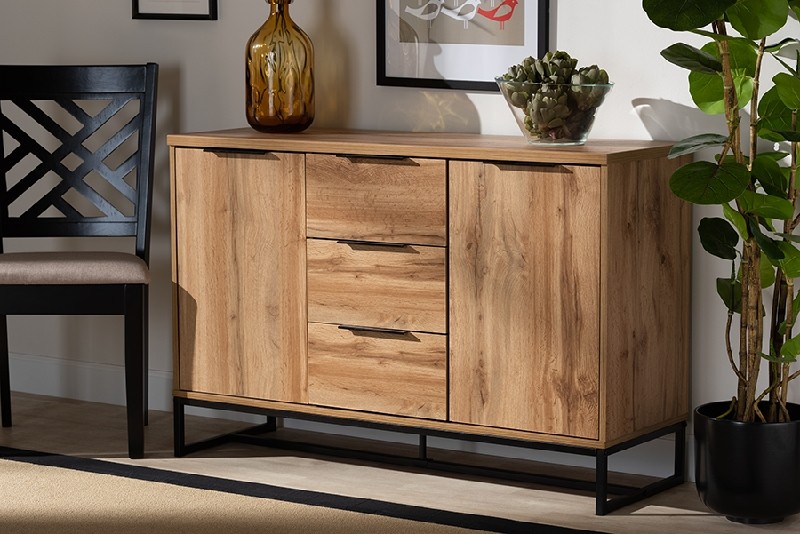 BAXTON STUDIO MPC8007-OAK/BLACK-SIDEBOARD REID 47 1/4 INCH MODERN AND CONTEMPORARY INDUSTRIAL WOOD AND METAL THREE DRAWER SIDEBOARD BUFFET - OAK AND BLACK
