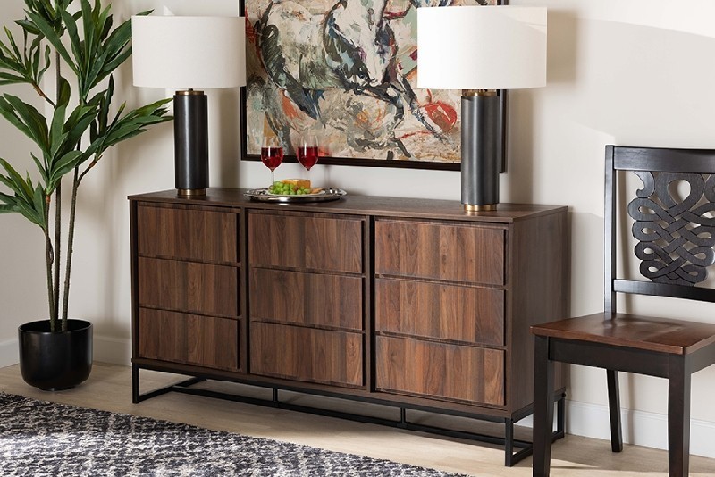 BAXTON STUDIO MPC8009-WALNUT-SIDEBOARD NEIL 59 1/8 INCH MODERN AND CONTEMPORARY WOOD AND METAL THREE DOOR DINING ROOM SIDEBOARD BUFFET - WALNUT BROWN AND BLACK