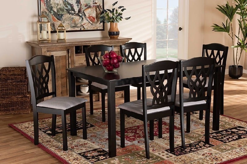 BAXTON STUDIO RH1017C SALEM MODERN AND CONTEMPORARY FABRIC UPHOLSTERED AND WOOD SEVEN PIECE DINING SET