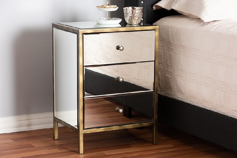 BAXTON STUDIO RTB368-1 NOURIA 17 7/8 INCH MODERN AND CONTEMPORARY HOLLYWOOD REGENCY GLAMOUR STYLE MIRRORED THREE DRAWER NIGHTSTAND BEDSIDE TABLE