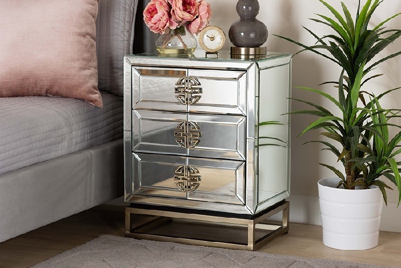 BAXTON STUDIO RXF-2222-ET LAKEN 20 INCH CONTEMPORARY GLAM AND LUXE MIRRORED AND ANTIQUE BRONZE FINISHED 3-DRAWER END TABLE