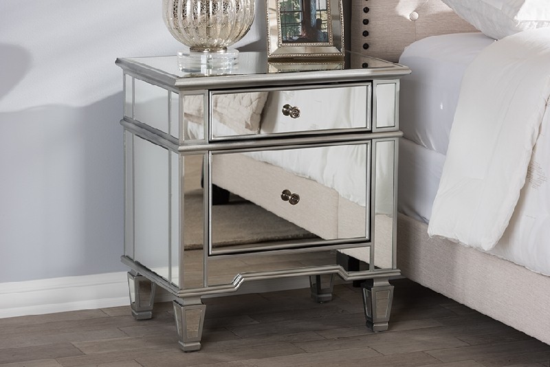 BAXTON STUDIO RXF-680 SUSSIE 24 INCH HOLLYWOOD REGENCY GLAMOUR STYLE MIRRORED TWO DRAWER NIGHTSTAND