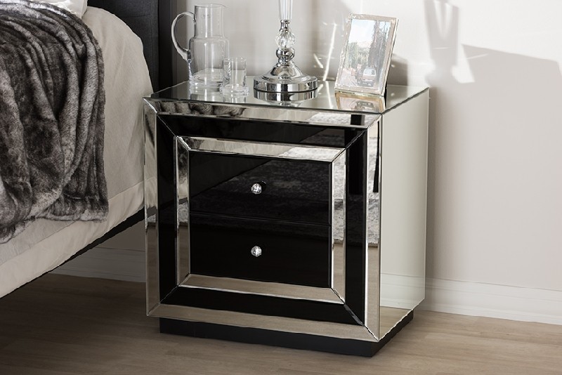 BAXTON STUDIO RXF-721 CECILIA 24 INCH HOLLYWOOD REGENCY GLAMOUR STYLE MIRRORED TWO DRAWER NIGHTSTAND