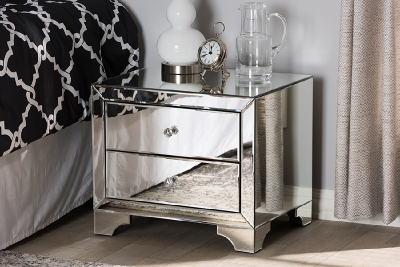 BAXTON STUDIO RXF-782 FARRAH 19 3/4 INCH HOLLYWOOD REGENCY GLAMOUR STYLE MIRRORED TWO DRAWER NIGHTSTAND