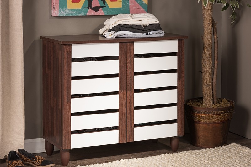 BAXTON STUDIO SC865512-DIRTY OAK GISELA 30 INCH TWO-TONE SHOE CABINET WITH TWO DOORS - OAK AND WHITE