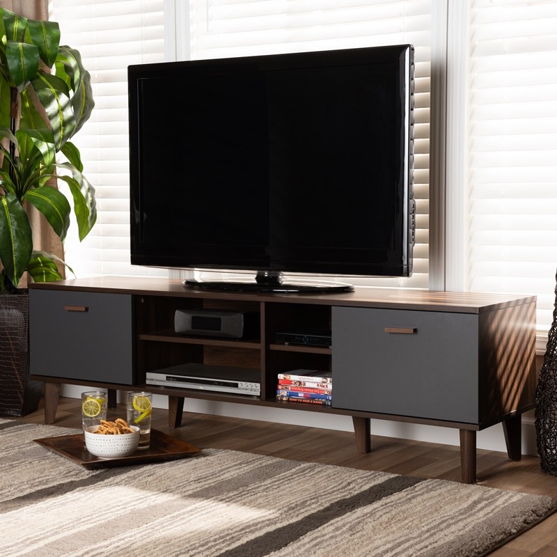 BAXTON STUDIO SE TV90810WI-COLUMBIA/DARK GREY-TV STAND MOINA 63 INCH MID-CENTURY MODERN TWO-TONE WOOD TV STAND - WALNUT BROWN AND GREY