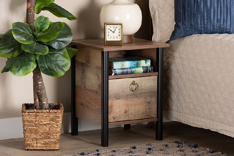 BAXTON STUDIO SM-NS3840-YOSEMILE OAK-NS VAUGHAN 15 3/4 INCH MODERN AND CONTEMPORARY TWO-TONE WOOD NIGHTSTAND - RUSTIC OAK BROWN AND BLACK