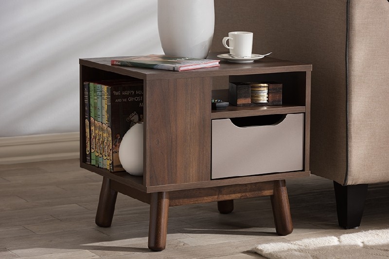 BAXTON STUDIO ST 2847-00-BROWN/GREY-NS BRITTA 18 1/2 INCH MID-CENTURY MODERN AND TWO-TONE WOOD NIGHTSTAND - WALNUT BROWN AND GREY