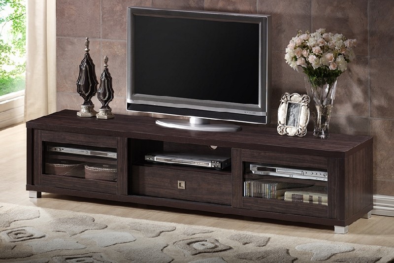 BAXTON STUDIO TV834180-WENGE BEASLEY 70 1/4 INCH TV CABINET WITH TWO SLIDING DOORS AND DRAWER - DARK BROWN