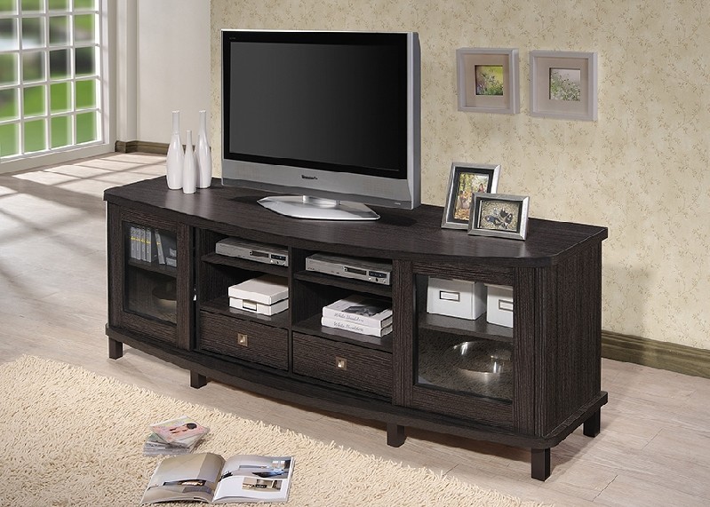 BAXTON STUDIO TV838070-EMBOSSE WALDA 70 1/4 INCH WOOD TV CABINET WITH TWO SLIDING DOORS AND TWO DRAWERS - GREYISH DARK BROWN