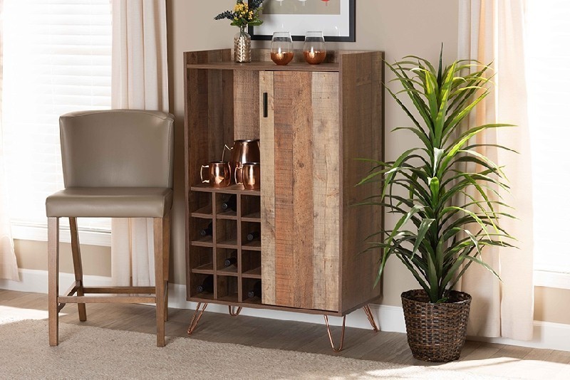 BAXTON STUDIO WC8000-RUSTIC-WINE CABINET MATHIS 31 1/2 INCH MODERN AND CONTEMPORARY WOOD AND METAL WINE STORAGE CABINET - RUSTIC BROWN AND ROSE GOLD