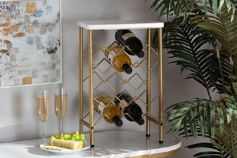 BAXTON STUDIO WS-12223-WINE RACK RAMONA 12 5/8 INCH MODERN AND CONTEMPORARY METAL WINE RACK WITH FAUX MARBLE TABLETOP - GOLD