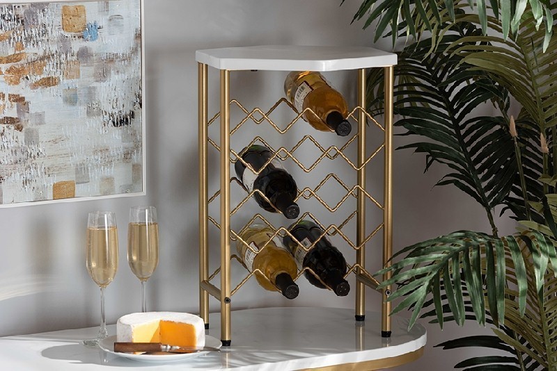 BAXTON STUDIO WS-12224-WINE RACK PHOEBE 14 1/4 INCH MODERN AND CONTEMPORARY METAL WINE RACK WITH FAUX MARBLE TABLETOP - GOLD
