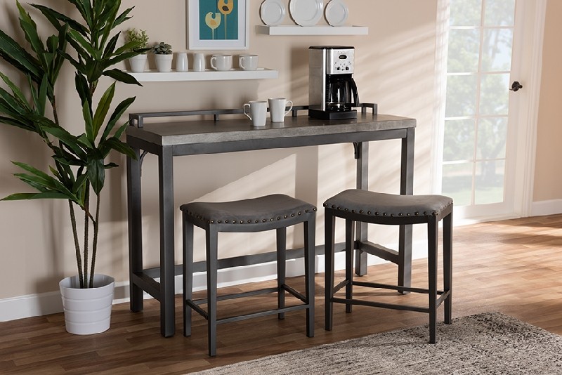 BAXTON STUDIO 8718P-GREY/BLACK-3PC PUB SET NOLL MODERN AND CONTEMPORARY FABRIC UPHOLSTERED THREE PIECE MULTIPURPOSE METAL COUNTER TABLE SET - GREY