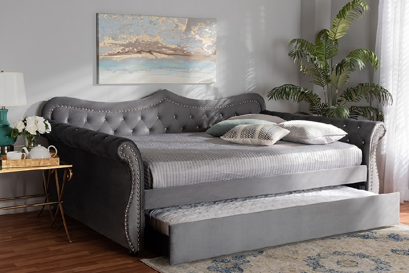 BAXTON STUDIO ABBIE-Q/T ABBIE 98 7/8 INCH TRADITIONAL AND TRANSITIONAL VELVET FABRIC UPHOLSTERED AND CRYSTAL TUFTED QUEEN SIZE DAYBED WITH TRUNDLE