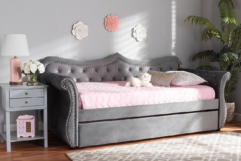 BAXTON STUDIO ABBIE-T/T ABBIE 93 3/4 INCH TRADITIONAL AND TRANSITIONAL VELVET FABRIC UPHOLSTERED AND CRYSTAL TUFTED TWIN SIZE DAYBED WITH TRUNDLE