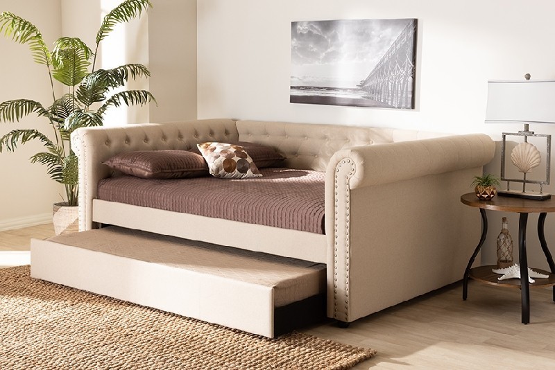 BAXTON STUDIO ASHLEY-Q/T MABELLE 100 5/8 INCH MODERN AND CONTEMPORARY FABRIC UPHOLSTERED QUEEN SIZE DAYBED WITH TRUNDLE
