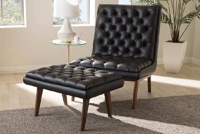 BAXTON STUDIO BBT5272-PINE BLACK SET ANNETHA MID-CENTURY MODERN FAUX LEATHER UPHOLSTERED AND WOOD CHAIR AND OTTOMAN SET - BLACK AND WALNUT