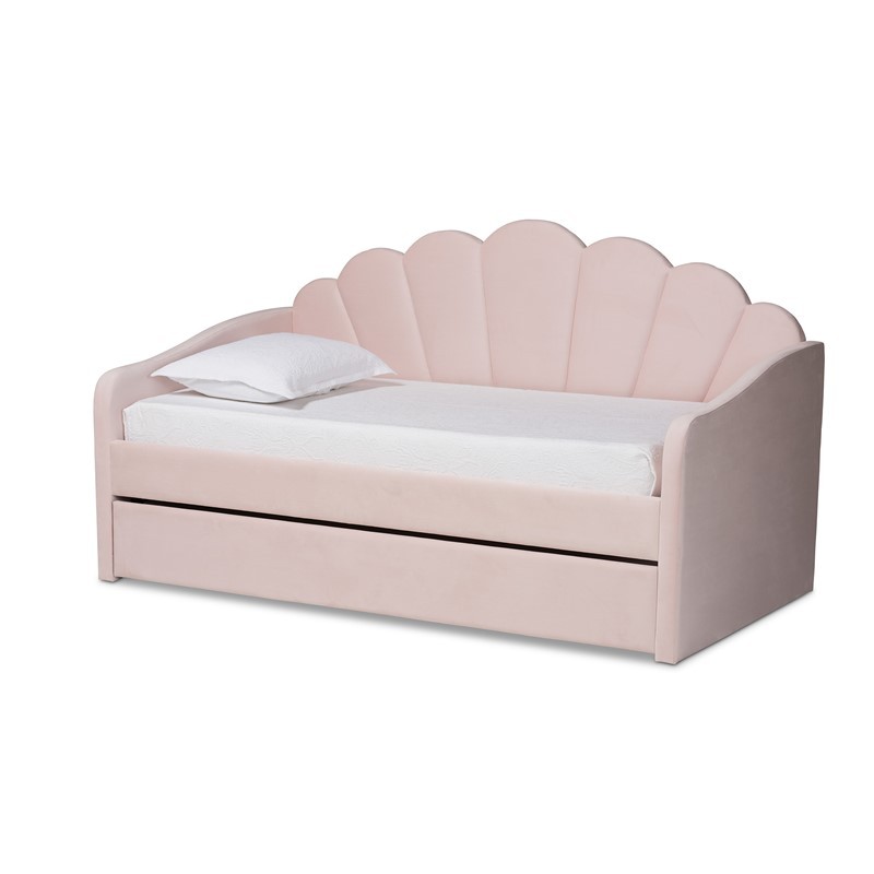 BAXTON STUDIO BBT61047T-Light Pink Velvet-Daybed-T/T TIMILA 81 1/2 INCH MODERN AND CONTEMPORARY VELVET FABRIC UPHOLSTERED TWIN SIZE DAYBED WITH TRUNDLE - LIGHT PINK