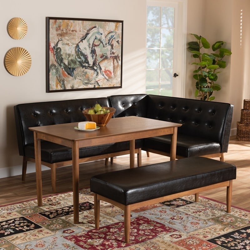 BAXTON STUDIO BBT8051-DARK BROWN/WALNUT-4PC DINING NOOK SET ARVID MID-CENTURY MODERN FAUX LEATHER UPHOLSTERED 4-PIECE WOOD DINING NOOK SET - DARK BROWN