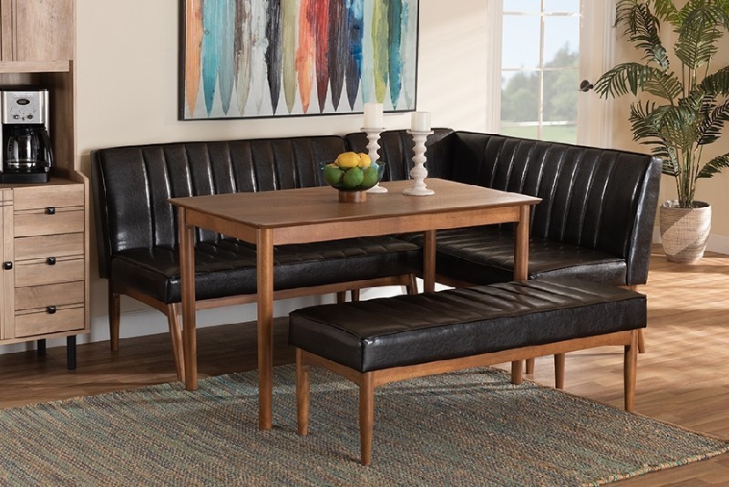 BAXTON STUDIO BBT8051.12-4PC DAYMOND MID-CENTURY MODERN FAUX LEATHER UPHOLSTERED AND WOOD FOUR PIECE DINING NOOK SET