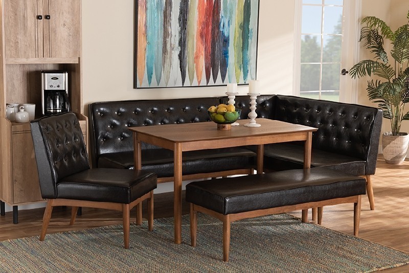 BAXTON STUDIO BBT8051.13-5PC RIORDAN MID-CENTURY MODERN FAUX LEATHER UPHOLSTERED AND WOOD FIVE PIECE DINING NOOK SET