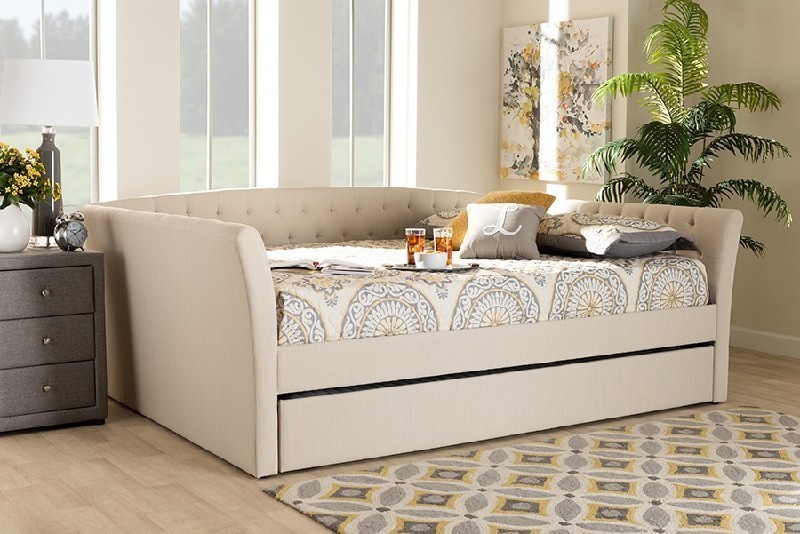 BAXTON STUDIO CF9044-F/T DELORA 88 INCH MODERN AND CONTEMPORARY FABRIC UPHOLSTERED FULL SIZE DAYBED WITH ROLL-OUT TRUNDLE BED