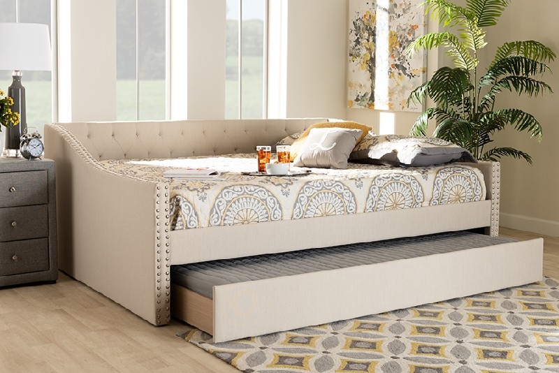 BAXTON STUDIO CF9046-F/T HAYLIE 81 INCH MODERN AND CONTEMPORARY FABRIC UPHOLSTERED FULL SIZE DAYBED WITH ROLL-OUT TRUNDLE BED