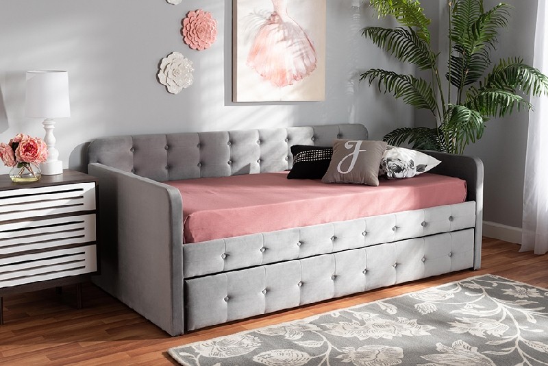 BAXTON STUDIO CF9183-T/T JONA 81 1/2 INCH MODERN AND CONTEMPORARY TRANSITIONAL VELVET FABRIC UPHOLSTERED AND BUTTON-TUFTED TWIN SIZE DAYBED WITH TRUNDLE