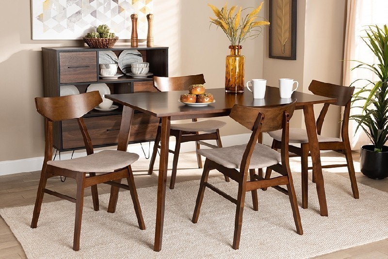 BAXTON STUDIO DANICA/FIESTA LOIS MID-CENTURY MODERN TRANSITIONAL FABRIC UPHOLSTERED AND WOOD FIVE PIECE DINING SET