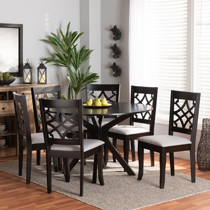 BAXTON STUDIO ELENA-GREY/DARK BROWN-7PC DINING SET ELENA MODERN AND CONTEMPORARY FABRIC UPHOLSTERED AND WOOD 7-PIECE DINING SET - GREY AND DARK BROWN