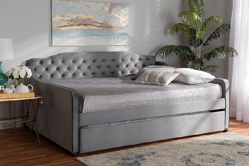 BAXTON STUDIO FREDA-F/T FREDA 83 1/4 INCH TRANSITIONAL AND CONTEMPORARY VELVET FABRIC UPHOLSTERED AND BUTTON-TUFTED FULL SIZE DAYBED WITH TRUNDLE
