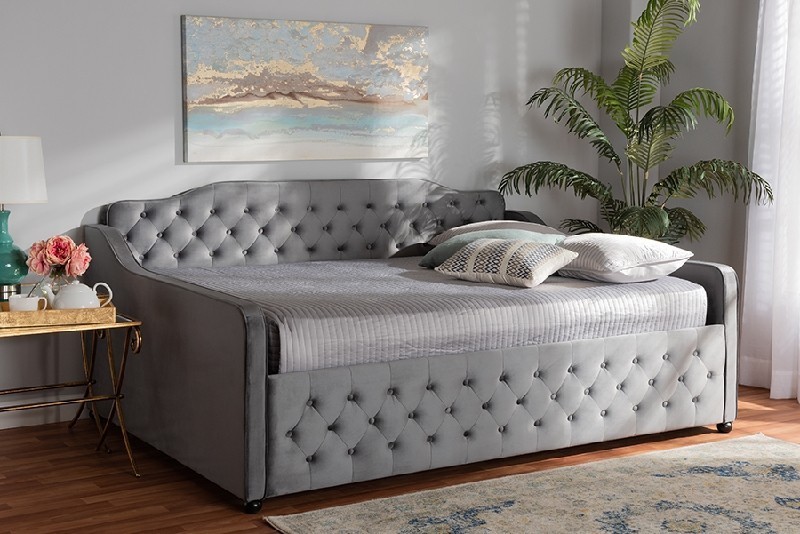 BAXTON STUDIO FREDA-FULL FREDA 83 1/4 INCH TRANSITIONAL AND CONTEMPORARY VELVET FABRIC UPHOLSTERED AND BUTTON-TUFTED FULL SIZE DAYBED