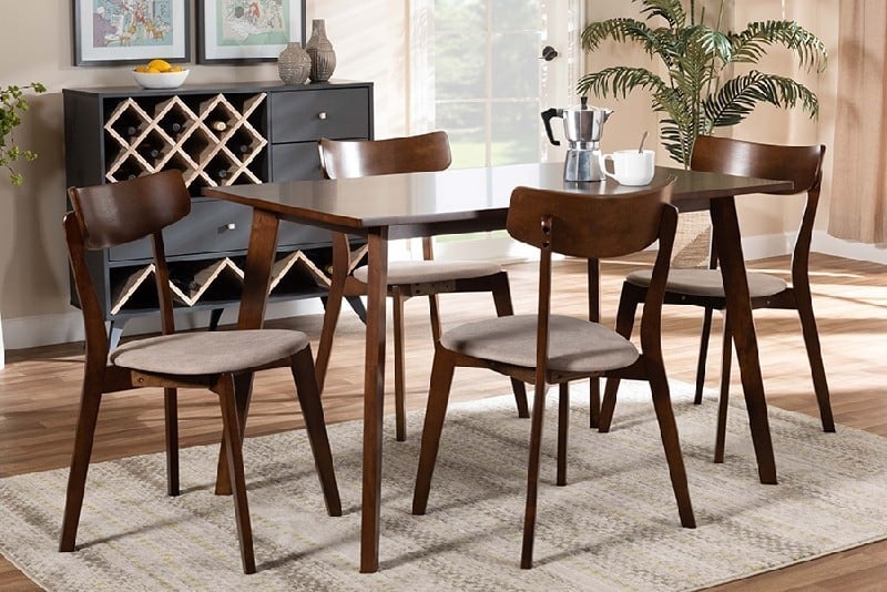 BAXTON STUDIO IORA/FIESTA NORI MID-CENTURY MODERN TRANSITIONAL FABRIC UPHOLSTERED AND WOOD FIVE PIECE DINING SET